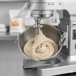 Close-up of a dough hook attachment being used in a 20 quart mixer to knead bread dough.