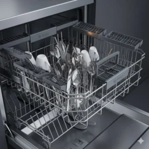 Close-up view of the patented Bosch dishwashers third rack design for efficient and easy loading of cutlery and small items. 