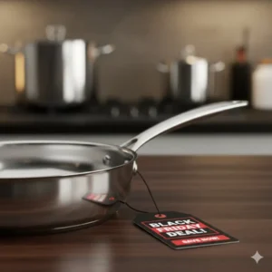 Close-up of a single Black Friday stainless steel cookware frying pan with a discount tag.