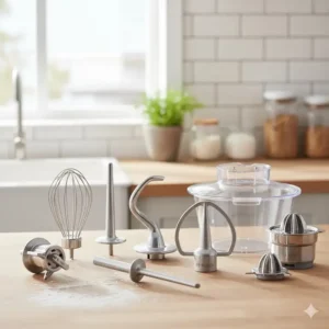 All the essential Bosch mixer attachments, including the whisk, dough hook, and beating whisk, ready for use. 