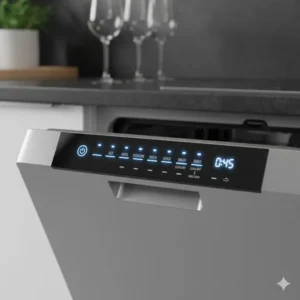 Close-up of the integrated control panel on a hidden-control built-in dishwasher door.