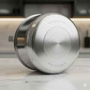 Close-up view of the thick, tri-ply encapsulated base on a piece from the Stainless steel cookware sets, designed for superior heat distribution.