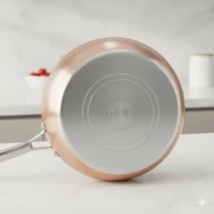 Close-up showing the specialized magnetic base of a Copper induction pan designed for reliable cooking.