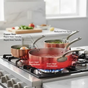 Close-up showing how copper's superior thermal conductivity ensures even heat distribution when cooking with a copper sauce pan. 