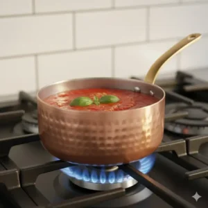 Close-up of a small copper saucepan on a gas hob, demonstrating the material's excellent heat conductivity for even cooking.