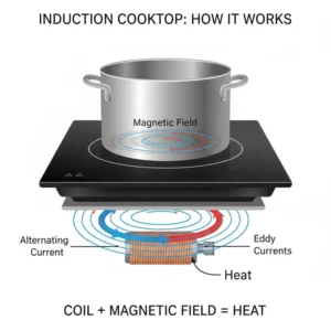 Diagram illustrating the working principle of an induction cooktop using electromagnetism to heat compatible induction cookware.