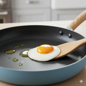 Close-up of non-stick surface of ceramic cookware sets frying an egg. 