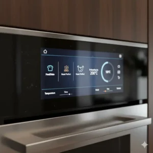 Close-up of the intuitive touchscreen interface on a high end oven, showing smart cooking programs.