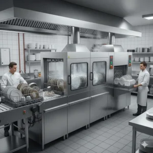 Rack-type commercial dishwasher designed for continuous, high-volume warewashing in large institutions.