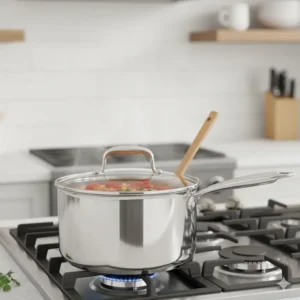 Clear image of a 3 qt saucepan with a tight-fitting glass lid, perfect for simmering sauces. 