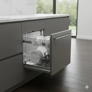 Single drawer dishwashers unit close up, highlighting the compact size and sleek stainless steel finish.