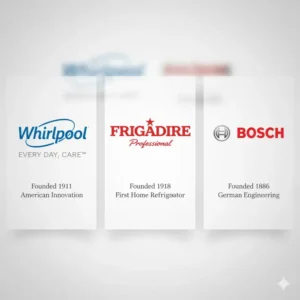 The logos and historical context for Whirlpool vs Frigidaire vs Bosch comparisons.