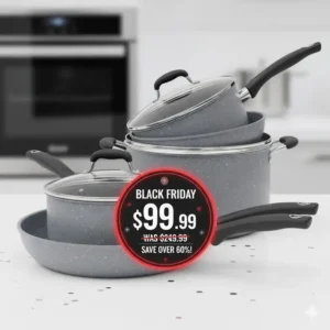 A close-up image of a nonstick frying pan displaying the exact special pricing for Cookware on sale black friday.