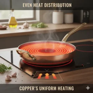 Illustration showing the superior, even heat distribution of a professional copper skillet pan.