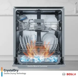 Illustration highlighting the Bosch dishwashers CrystalDry technology using natural zeolite minerals for superior drying performance. 