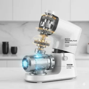 An infographic showing the powerful 1000W motor in the Bosch Universal Plus mixer. 