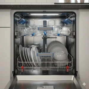 Interior view of a built-in dishwasher showing flexible, adjustable upper and lower racks for efficient loading.