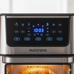 Close-up of the digital control panel and presets on a 12qt air fryer