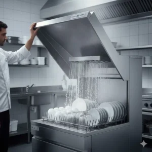 Door-type (hood) commercial dishwasher operating with a lift-up hood, ideal for medium-sized kitchens.