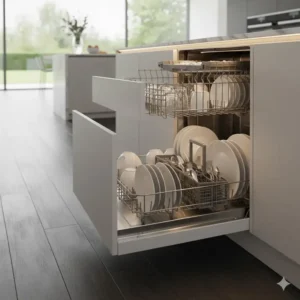 A fully loaded bottom drawer dishwashers with racks of plates, bowls, and cutlery ready for washing.