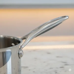 Detail shot of the ergonomic, heat-resistant handle attached securely to a piece of Stainless steel cookware sets.