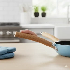 Ergonomic, cool-touch wooden handles on the ceramic cookware sets. 