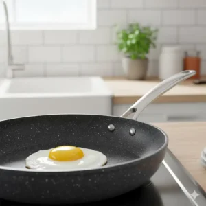 Frying a perfectly cooked egg without any oil in a Gotham Steel pans & cookware item, demonstrating the superior non-stick ability.