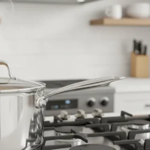 Close-up showing the comfortable, heat-resistant handle of the 3 qt saucepan for secure handling. 
