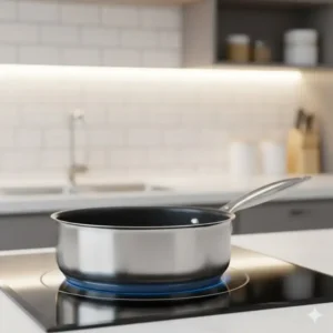 Close-up of a versatile non-stick induction saucepan with a sturdy handle and flat magnetic base.