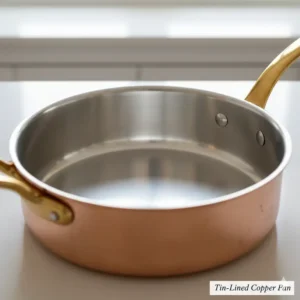 Examining the traditional tin lining inside a high-quality copper sauce pan, ideal for gentle cooking methods. 