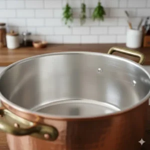 Interior view of a large tin-lined copper pot, highlighting the non-reactive cooking surface essential for safety and durability.