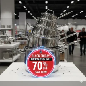 A stack of professional stainless steel pots and pans, highlighting the huge savings on Cookware on sale black friday.