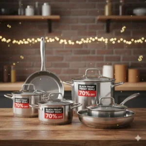 Complete stainless steel pot set with lids, deeply discounted for the Black Friday cookware shopping season.