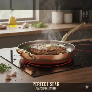Searing a perfect steak in a high-quality, professional copper skillet pan.