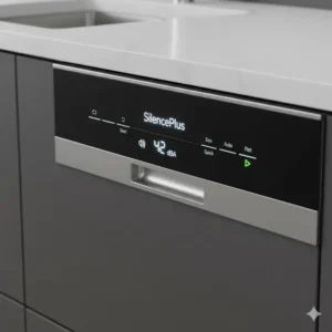 Display panel of a Bosch dishwashers SilencePlus showing the ultra-quiet operation, often less than 44 dBA. 