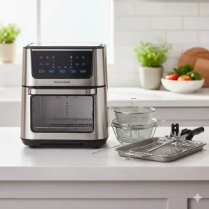 Showing the included accessories like rotisserie spit and trays for the 12qt air fryer