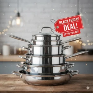 Black Friday sales tag on a stack of shiny stainless steel cookware.