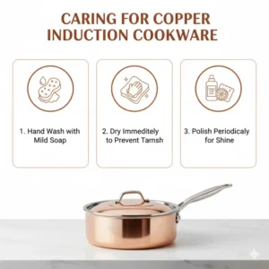 Visual guide on properly caring for and cleaning Copper induction pans to maintain its luster.