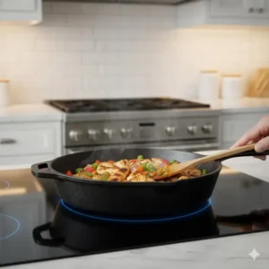 A heavy-duty cast iron skillet being used on an induction range, confirming its suitability as induction cookware.