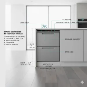 Diagram showing a drawer dishwashers installation, illustrating how easily it fits under standard kitchen counters.