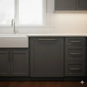 A fully integrated built-in dishwasher with a custom cabinet door installed, completely concealing the appliance.