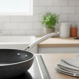 Ergonomic, stay-cool stainless steel handle on a piece of Gotham Steel pans & cookware designed for a comfortable and secure grip.