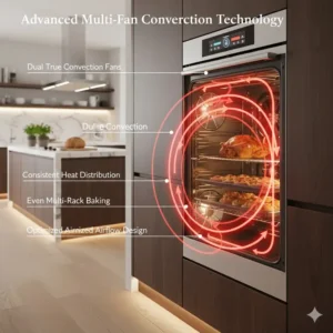 Diagram illustrating the advanced multi-fan convection technology found in a premium high end oven.