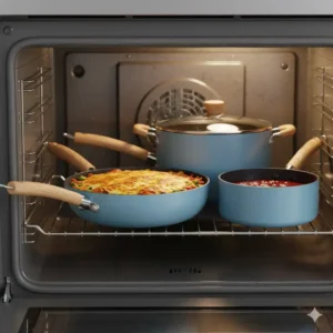 Multiple pieces of ceramic cookware sets safely baking inside an oven. 