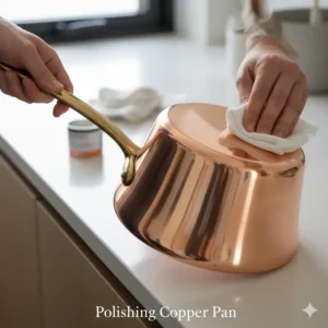 A cook gently polishing a copper sauce pan to maintain its brilliant shine and prevent tarnishing. 