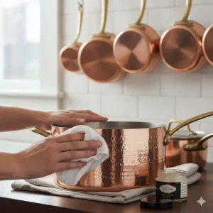 Person gently polishing the exterior of a copper pot to maintain its luster and shine, illustrating proper care and maintenance.