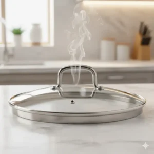 Tempered glass lid with a steam vent, typical of high-quality Stainless steel cookware sets.