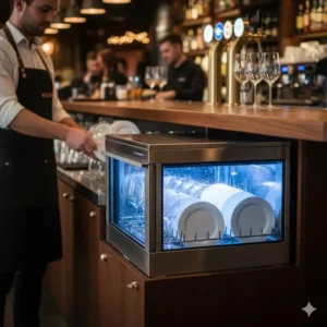 Compact undercounter commercial dishwasher installed beneath a bar for efficient glass and plate washing.