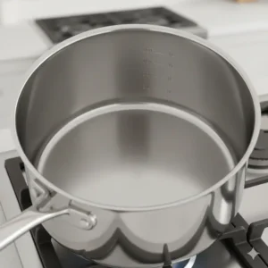 Interior view of the 3 qt saucepan highlighting the engraved measurement marks for easy reference. 