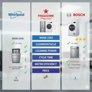 Noise level and cleaning power reviewed for Whirlpool vs Frigidaire vs Bosch comparisons.